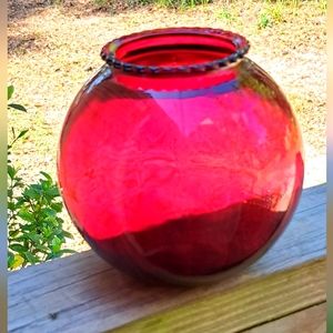 Vintage Royal Ruby Red Round Bowl Vase With Scalloped Edge